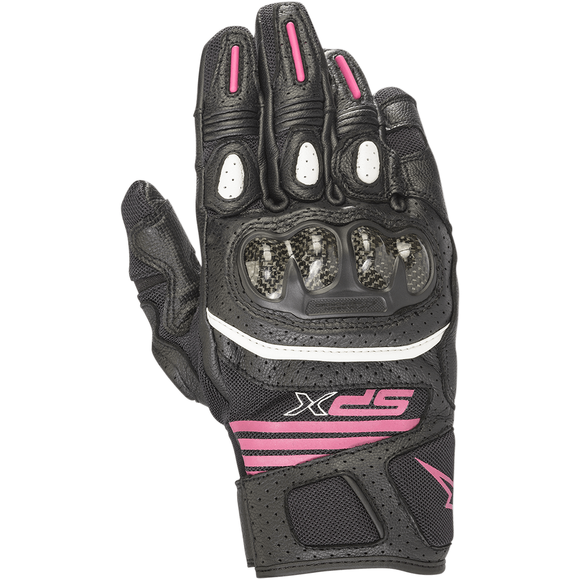 Alpinestars Women's SPX Air Carbon V2 Gloves, luvas de motociclismo de cano curto para mulher, pretas e fúcsia, com proteção dos nós dos dedos em fibra de carbono, construção em pele perfurada e malha, detalhes em branco e logótipo fúcsia no pulso