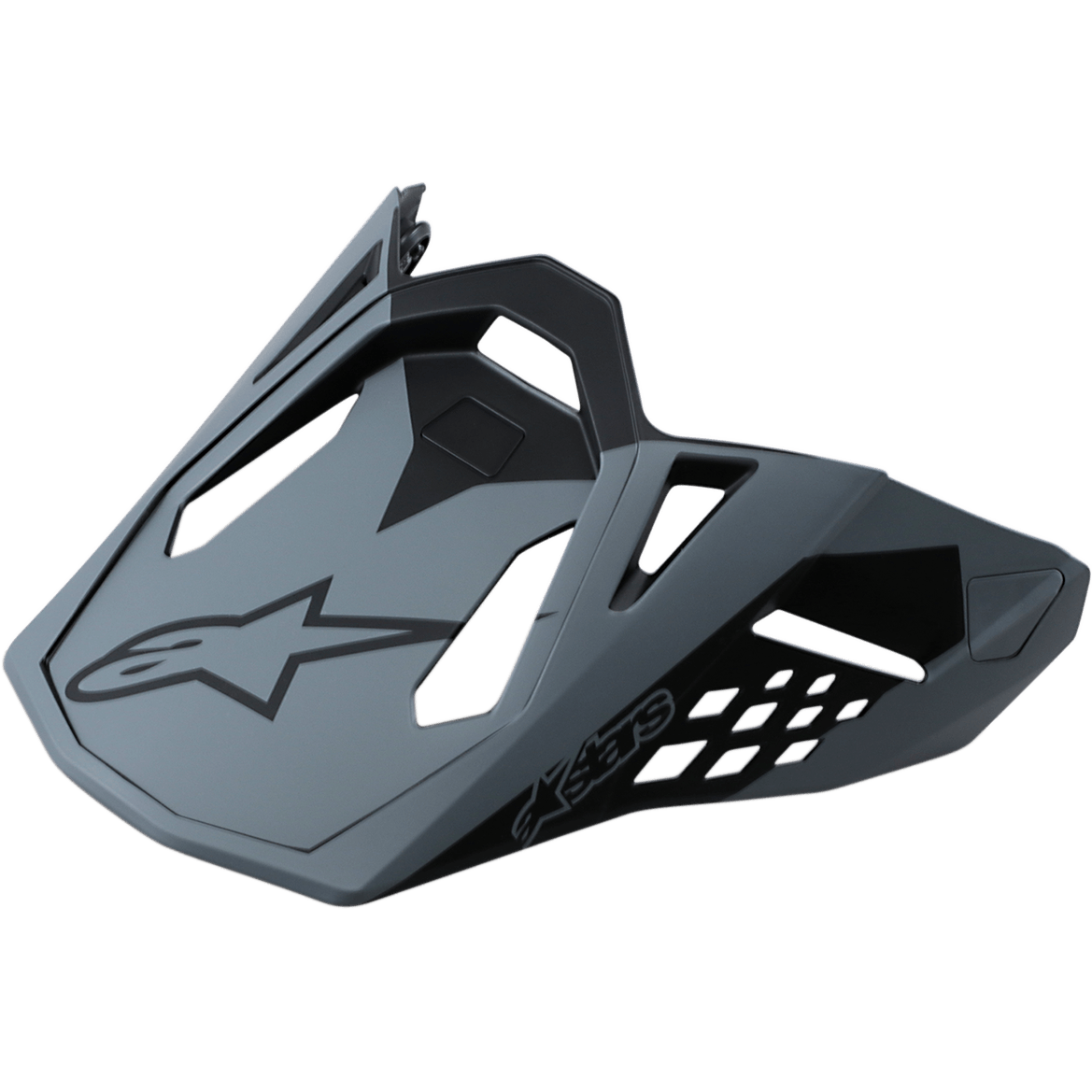 Alpinestars Supertech M10 Meta Helmet Visor, pala de substituição para capacetes de motocross, preto mate e cinzento, com logótipo Astar preto e recortes de ventilação geométricos, design aerodinâmico para corridas todo-o-terreno