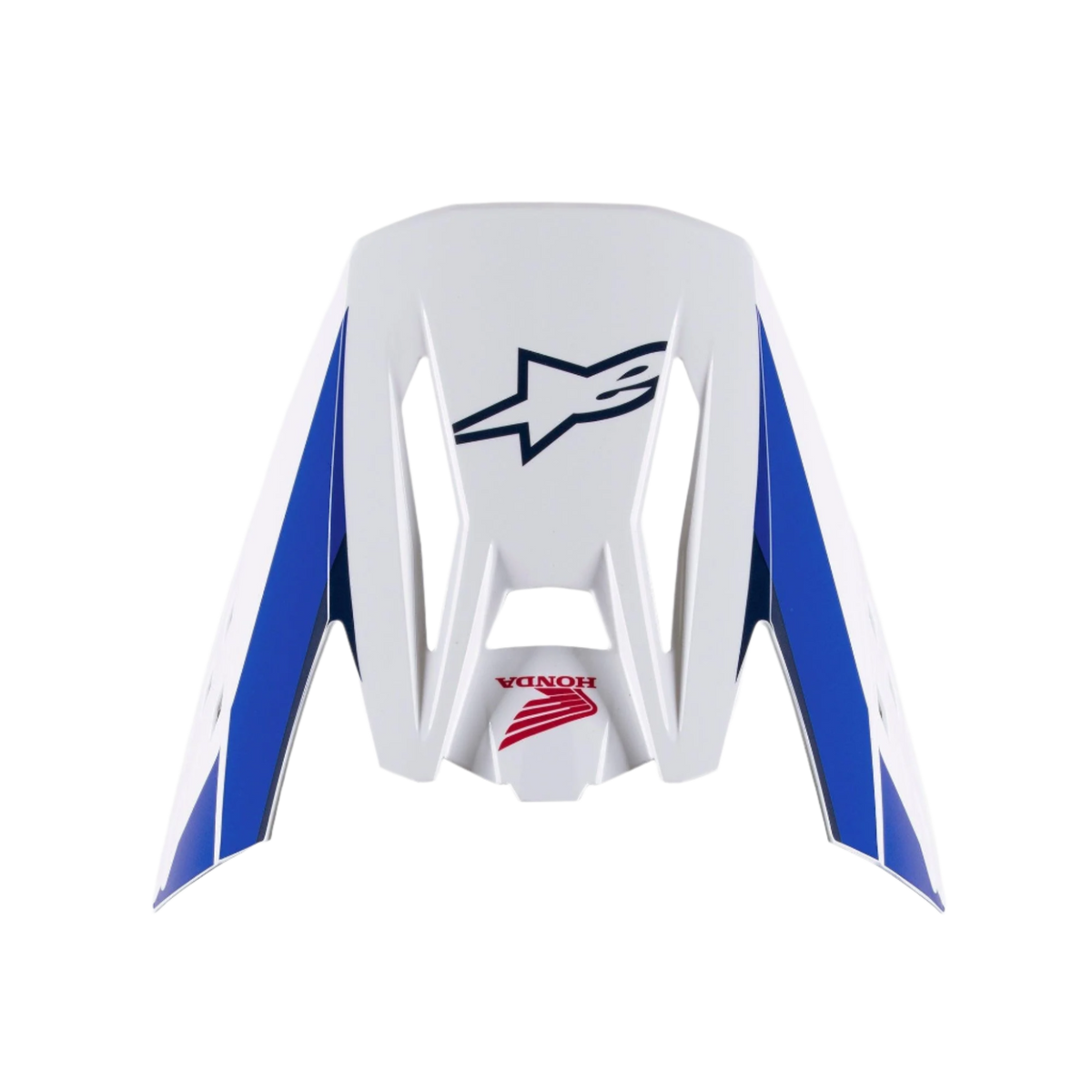 Viseira Alpinestars Honda S-M5, viseira de substituição para capacete, acabamento brilhante em branco, azul e vermelho, com painéis laterais azuis, logótipos Alpinestars em azul-marinho e Honda em vermelho, acessório para capacete de motocross