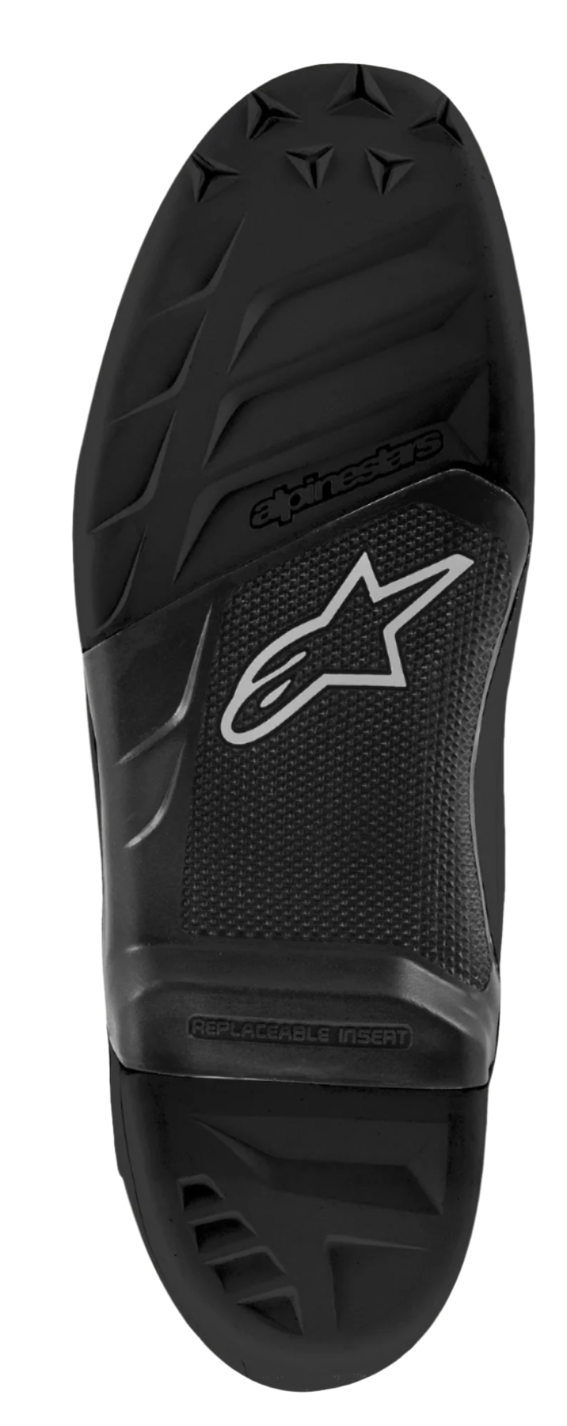 Alpinestars Tech 7 Sole, sola de substituição para botas de motocross, construção em borracha preta, padrões de rasto texturizados, logótipo Alpinestars e emblema de estrela, com a inscrição 'REPLACEABLE INSERT' na zona central