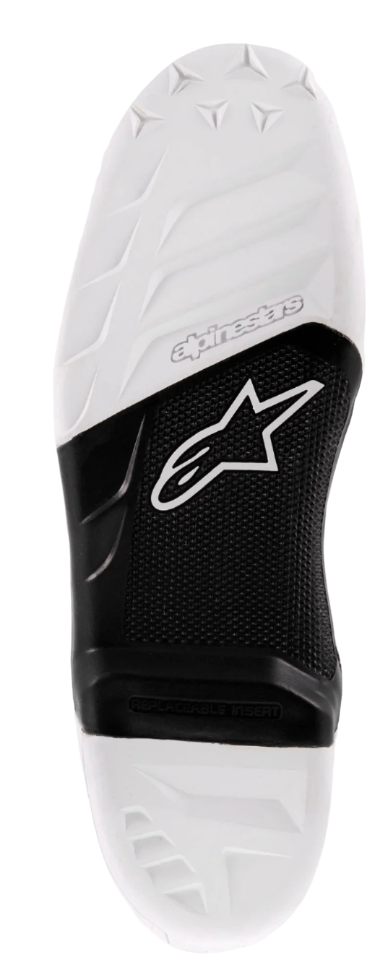Sola Alpinestars Tech 7, sola de substituição para bota de motocross, branca e preta, com superfície de aderência texturada, logótipo Alpinestars e inserção central substituível para performance em condução todo-o-terreno