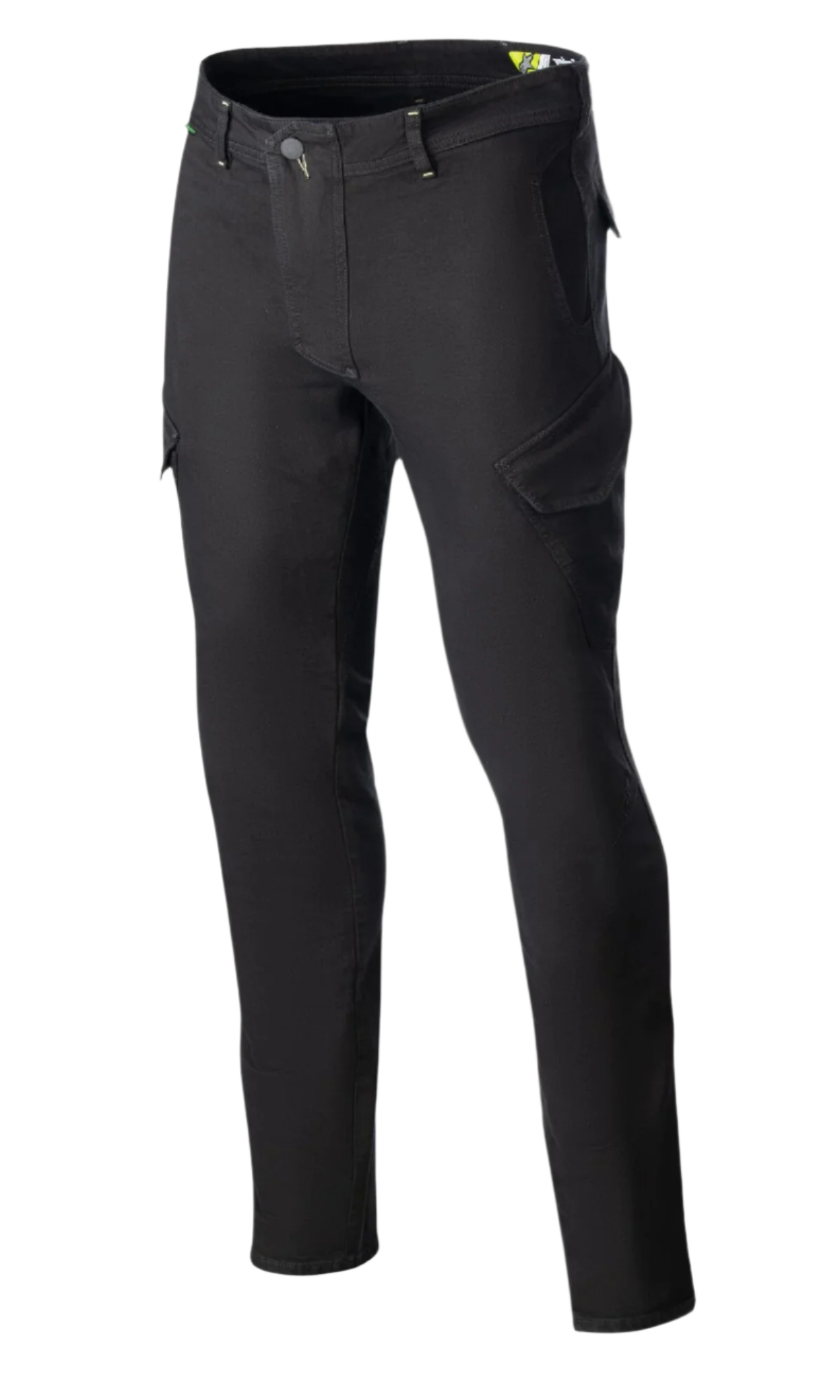 Alpinestars Caliber Slim Fit Tech Riding Pants, calças de motociclismo pretas, com bolsos cargo angulares de estilo combate, corte slim afunilado, presilhas para cinto e fecho com botão, fabricadas em denim Cordura elástico para um visual urbano técnico.