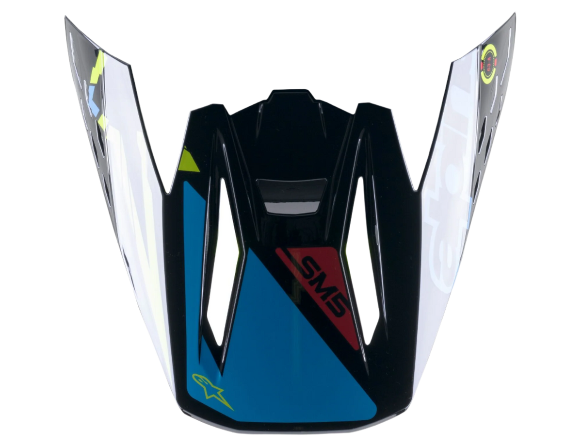 Alpinestars S-M5 Action Visor, peça de substituição para capacete de motocross, preto, ciano e amarelo néon brilhante, com logótipo SM5 e logótipo de estrela, design de pala de encaixe para condução todo-o-terreno