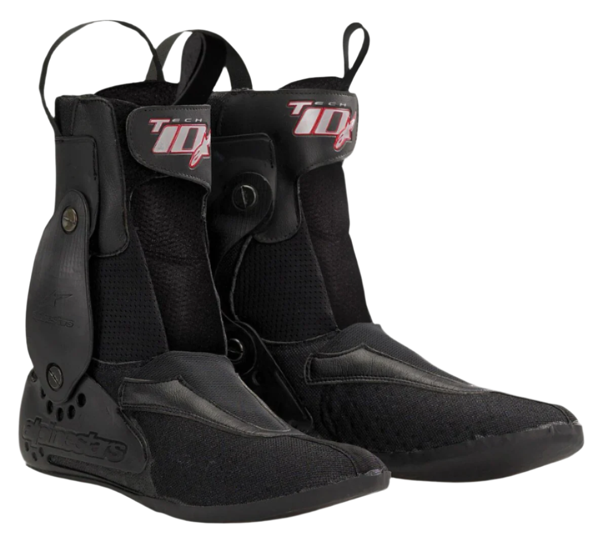 Alpinestars Tech-10 Removable Inner Shoe, sapatilhas interiores pretas para botas de motocross, logótipo Tech-10 em vermelho e branco, tecido texturizado com painéis sintéticos, tiras ajustáveis com fechos metálicos, puxadores frontais e traseiros