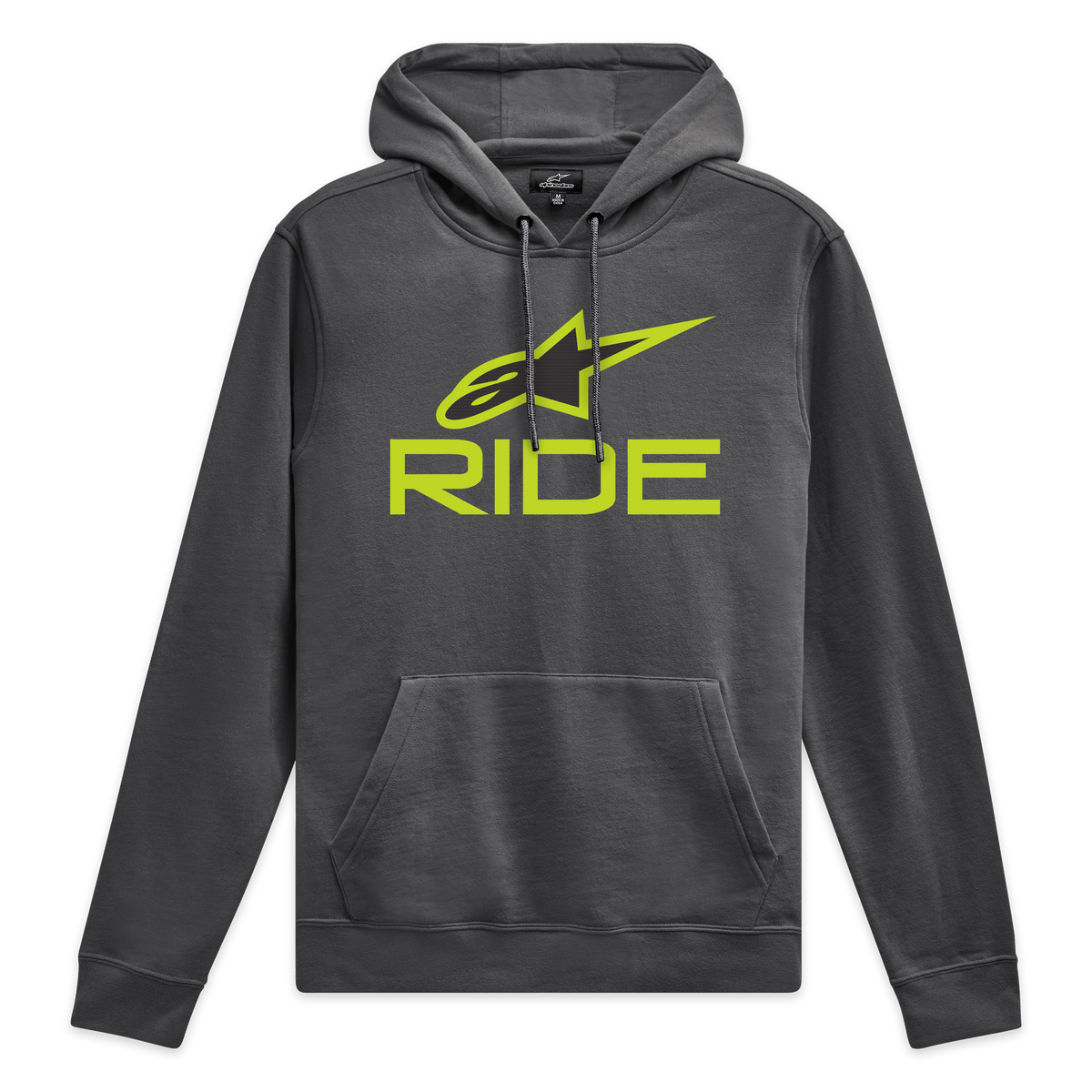 Alpinestars Sweatshirt Com Capuz Ride V 3, sweatshirt cinzenta escura com logótipo Ride verde limão na frente e cordões a condizer, sportswear fleece