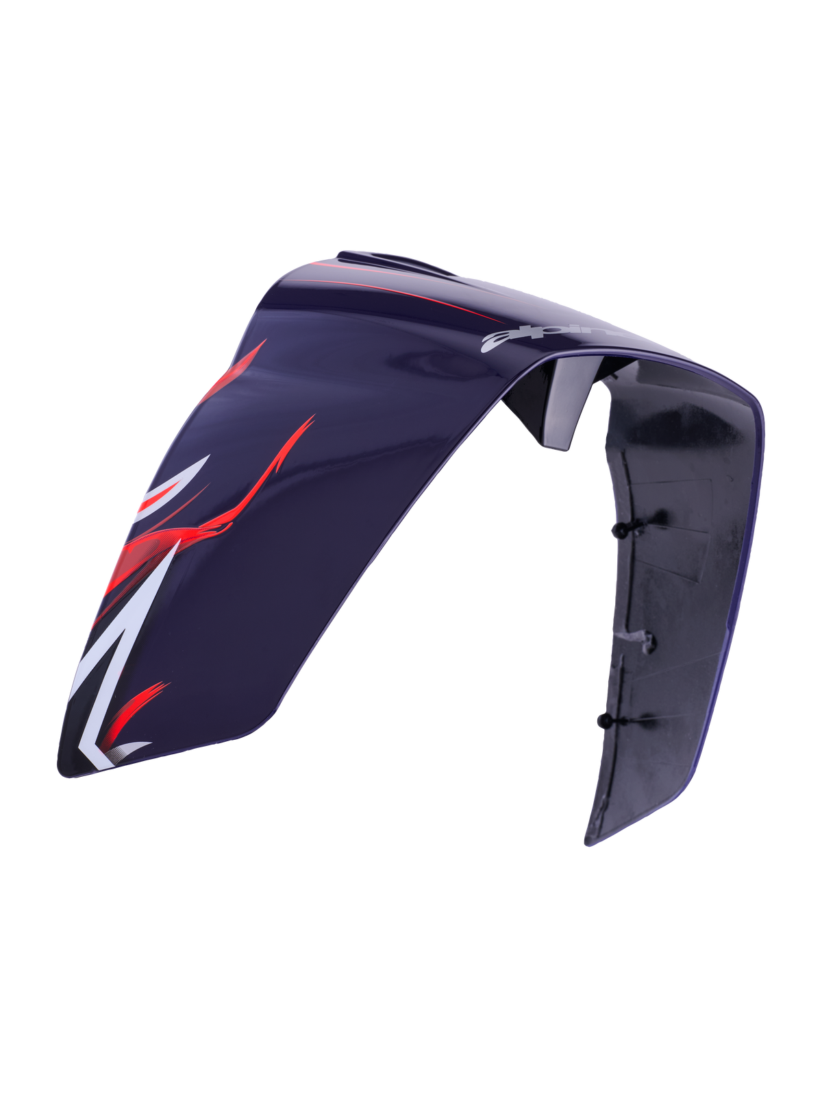 Alpinestars Supertech R10 Flyte Race Spoiler, acessório para capacete, roxo avermelhado brilhante, com gráficos aerodinâmicos vermelhos e brancos e logótipo Alpinestars, construção em plástico brilhante com pontos de montagem visíveis no interior, peça de substituição para capacetes de competição