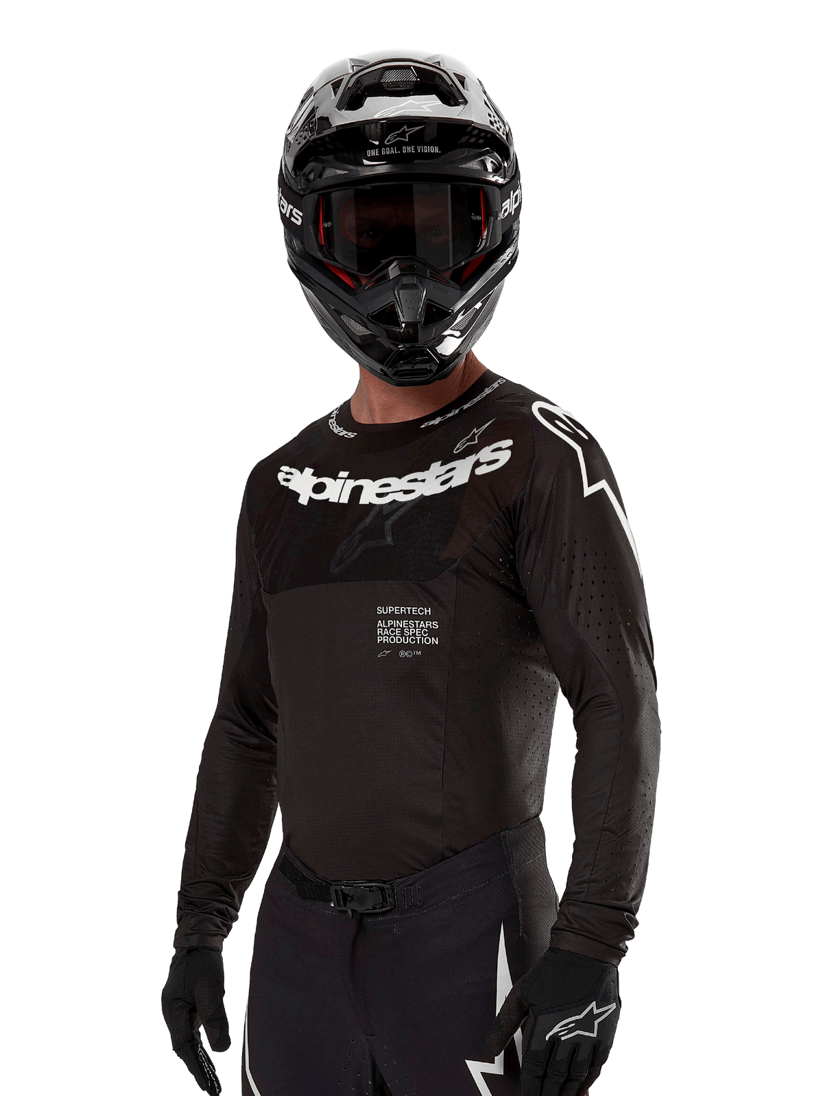 Alpinestars 2024 Supertech Ward Jersey, camisola de motocross, preto e branco, equipamento de alta performance de manga comprida com logótipo Alpinestars proeminente, usada com capacete e luvas a condizer, ajuste atlético para condução todo-o-terreno