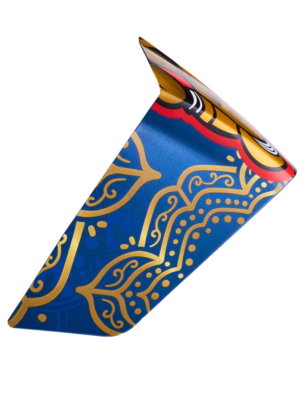 Spoiler Supertech R10 Martinator Thai, azul e dourado brilhante com padrões intrincados e detalhes vermelhos.