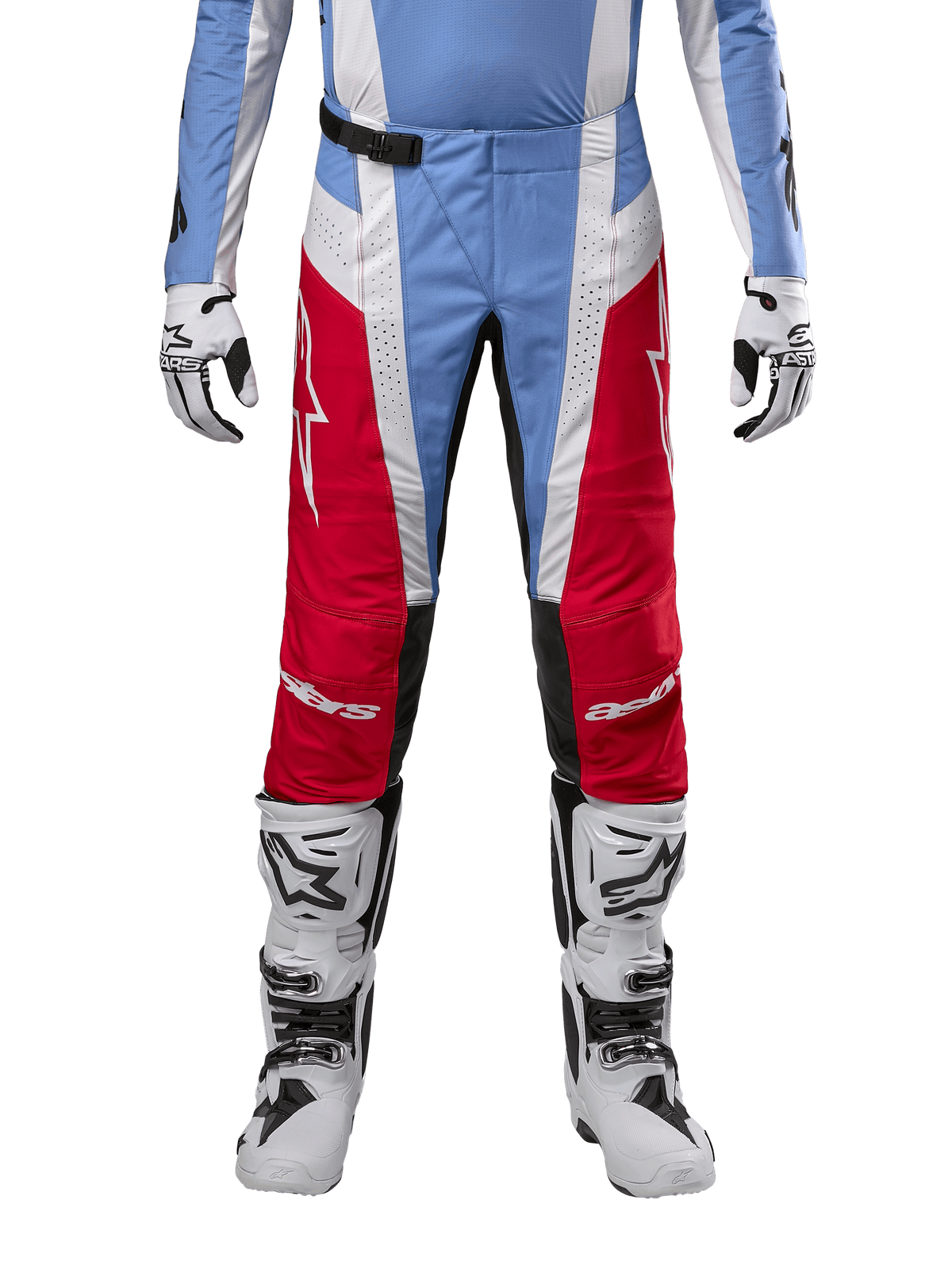 Alpinestars 2024 Techstar Ocuri Pants, Motocross Pants, Light Blue, Mars Red and White, front view from the waist down, paired with white and black motocross boots and gloves, technical gear designed for high-performance off-road racing.