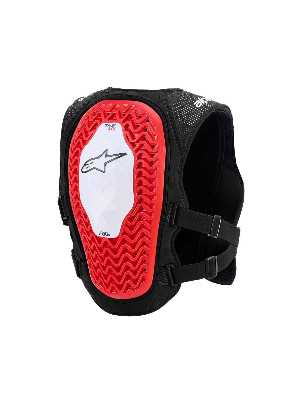 Alpinestars Tech-Air® MX System, colete de airbag off-road autónomo, vista traseira mostrando um grande protetor de costas Nucleon PLASMA vermelho com uma estrutura em favo de mel, painel central branco com logótipo de estrela preto, estrutura em malha preta respirável e alças laterais ajustáveis