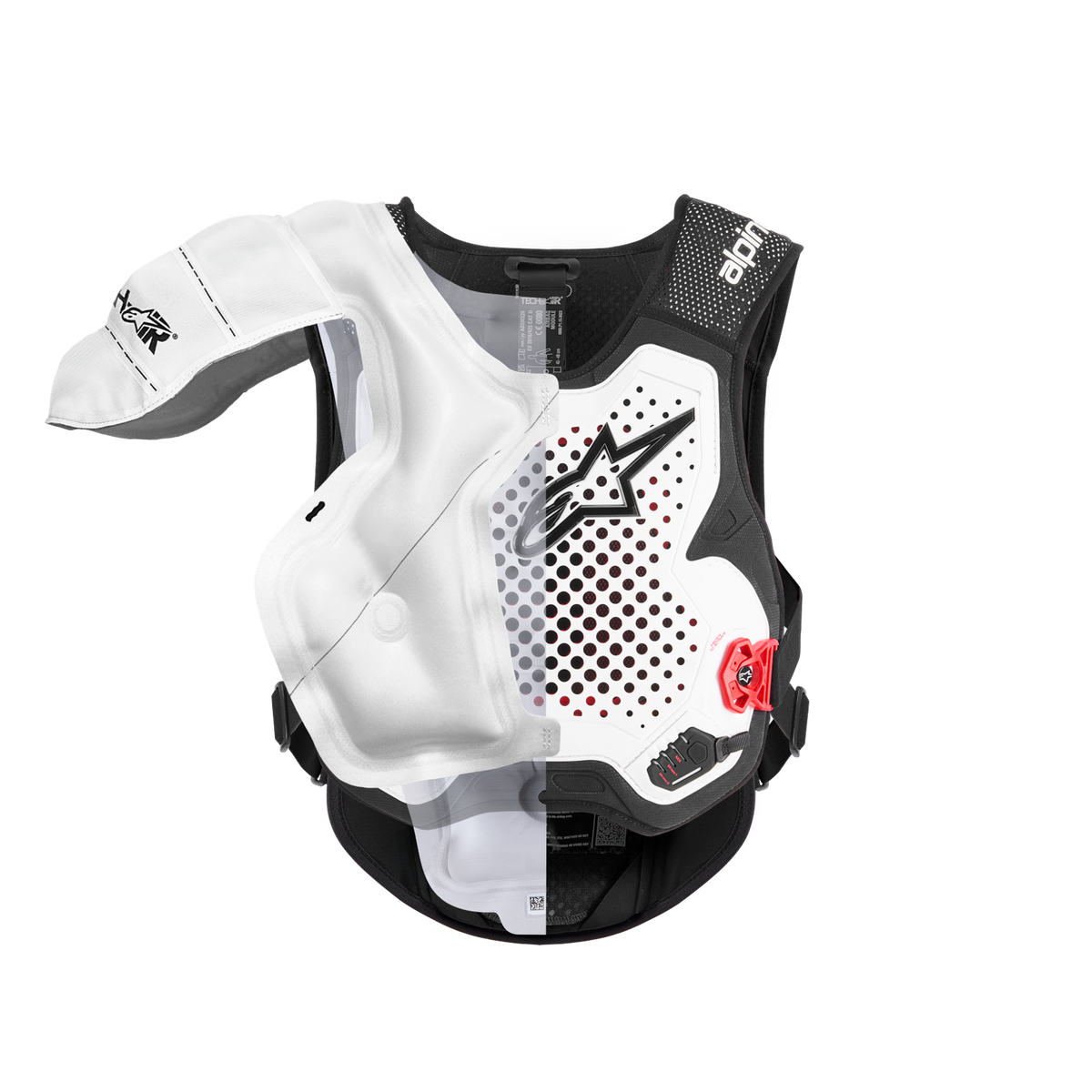 Sistema Alpinestars Tech-Air® MX, airbag de off-road autónomo, vista em corte destacando a bolsa insuflável branca interna e o colete de proteção, estrutura em preto e branco com detalhes em vermelho, proporcionando cobertura para ombros e peito.