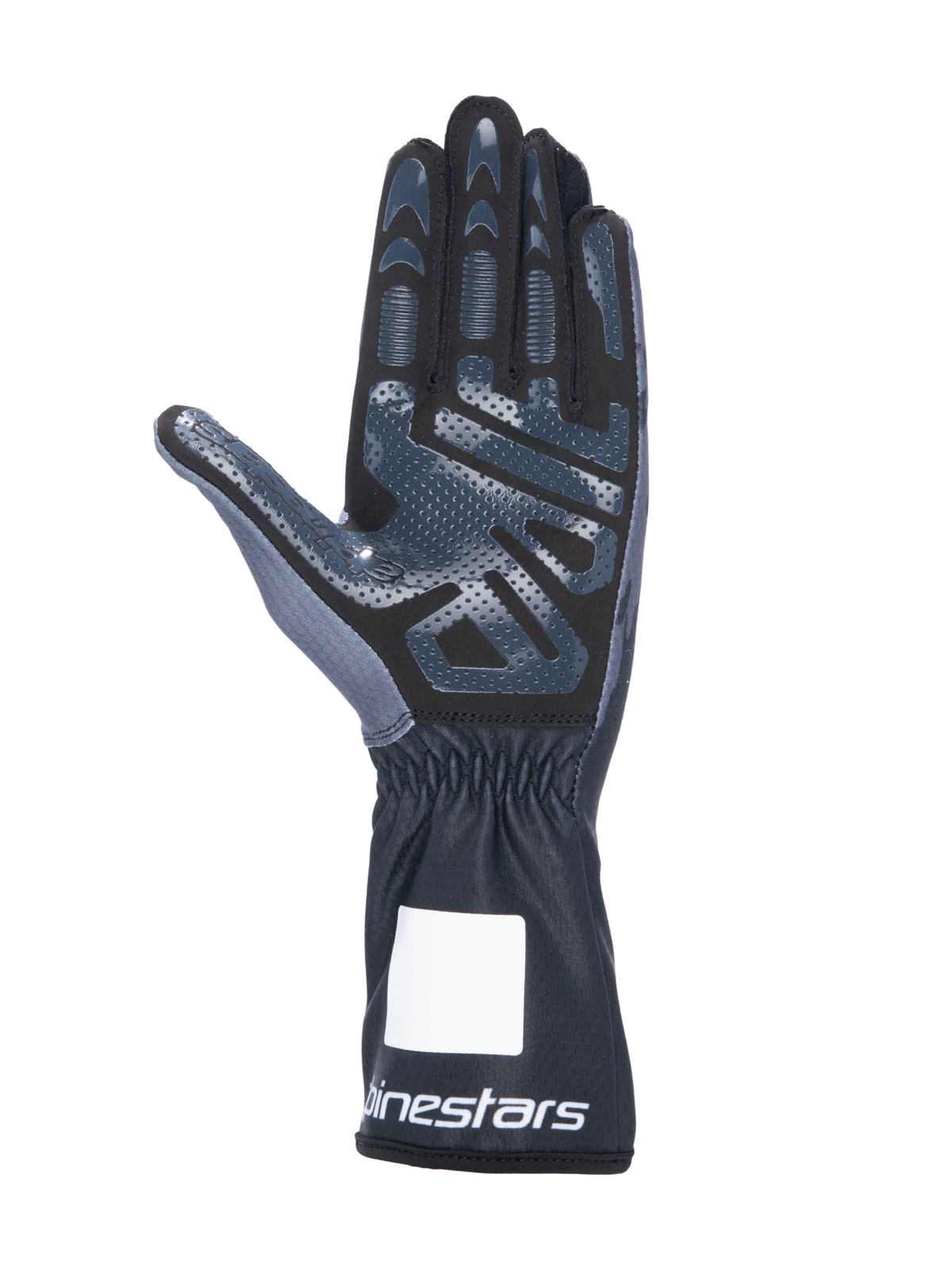 Alpinestars Tech-1 K V3 Karting Gloves, Black Anthracite, palm side view featuring high-grip silicone print, synthetic suede palm, gauntlet cuff with elasticated wrist and white branding, professional motorsport gear