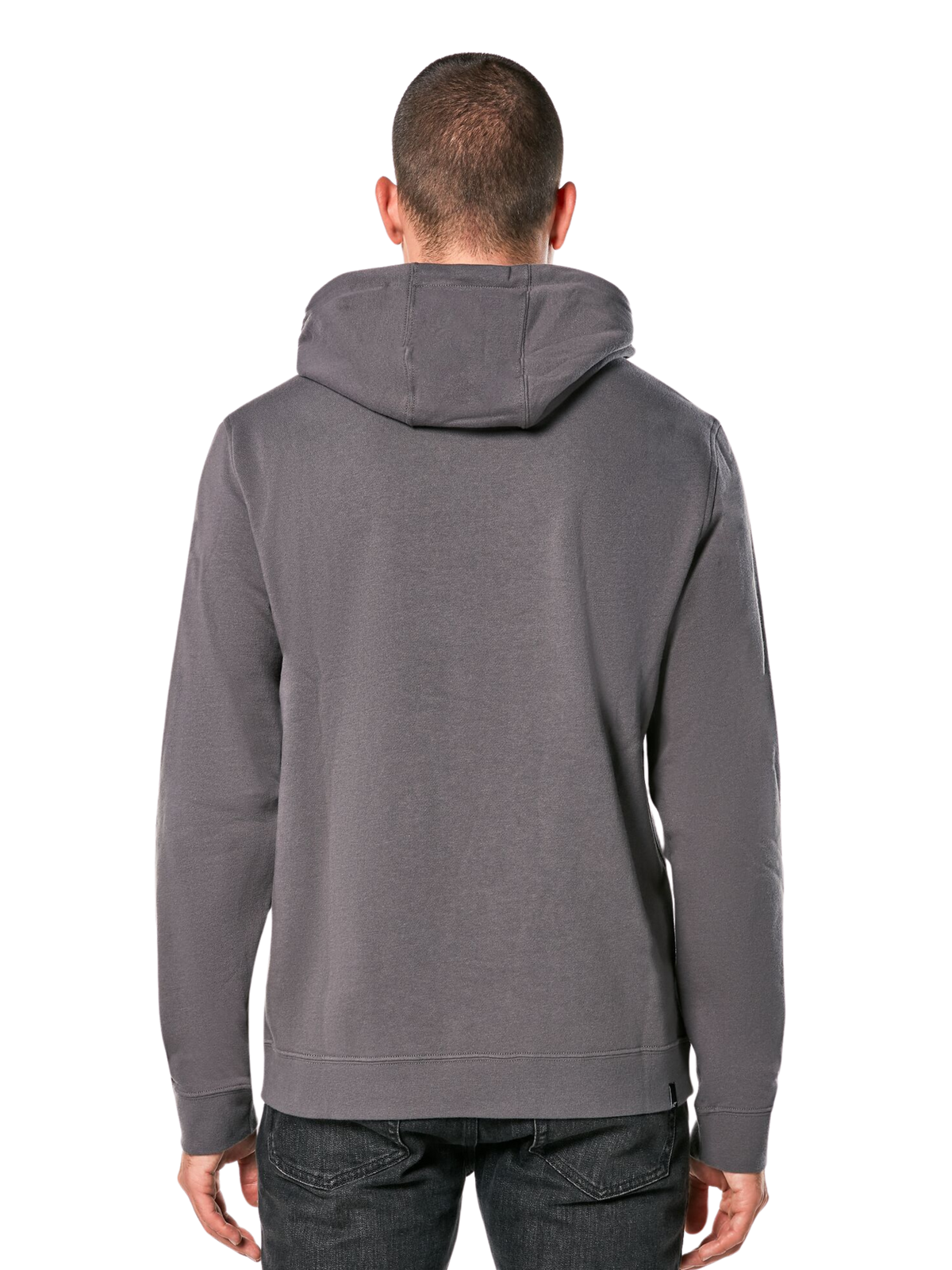 Alpinestars Ride Hoodie V 3, vista traseira de uma sweatshirt com capuz cinzento carvão, roupa desportiva casual com design de capuz, mangas compridas e punhos e bainha canelados