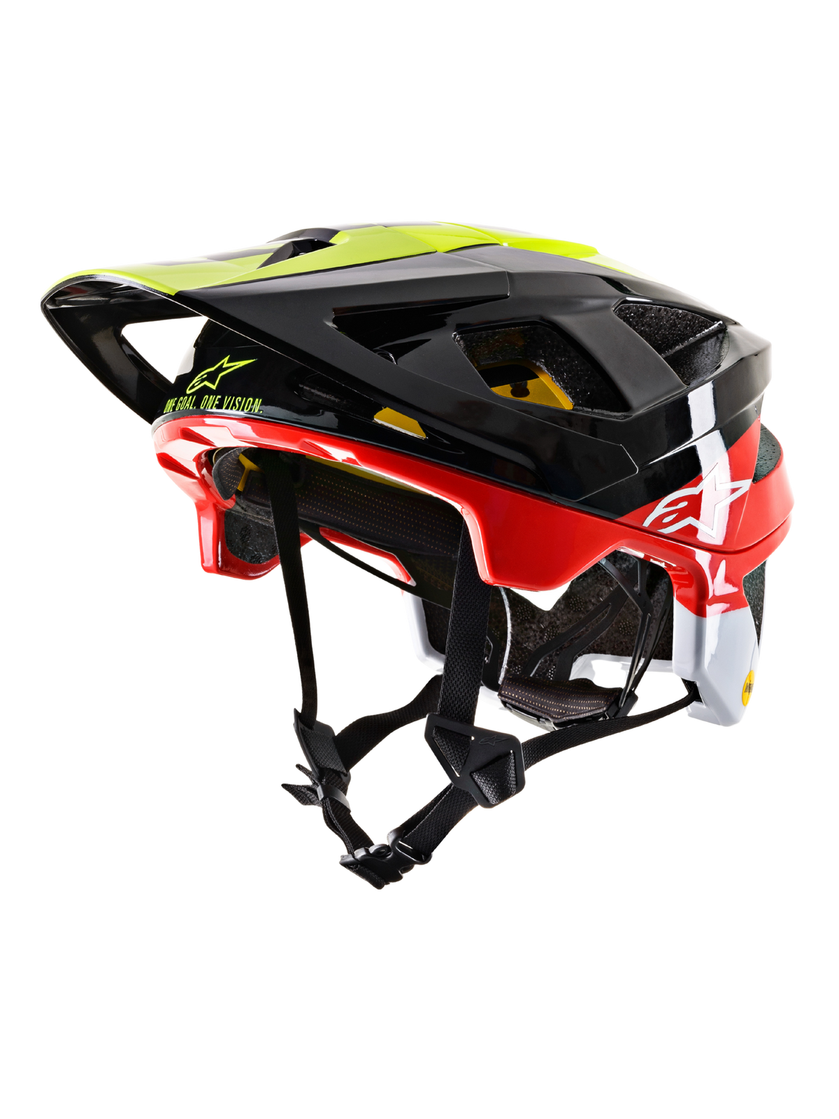 Alpinestars Vector Tech Pilot MTB Helmet CE, capacete de mountain bike, preto, vermelho, branco e amarelo fluorescente, acabamento brilhante com múltiplas aberturas de ventilação, viseira ajustável, marca MIPS, design aerodinâmico para ciclismo fora de estrada