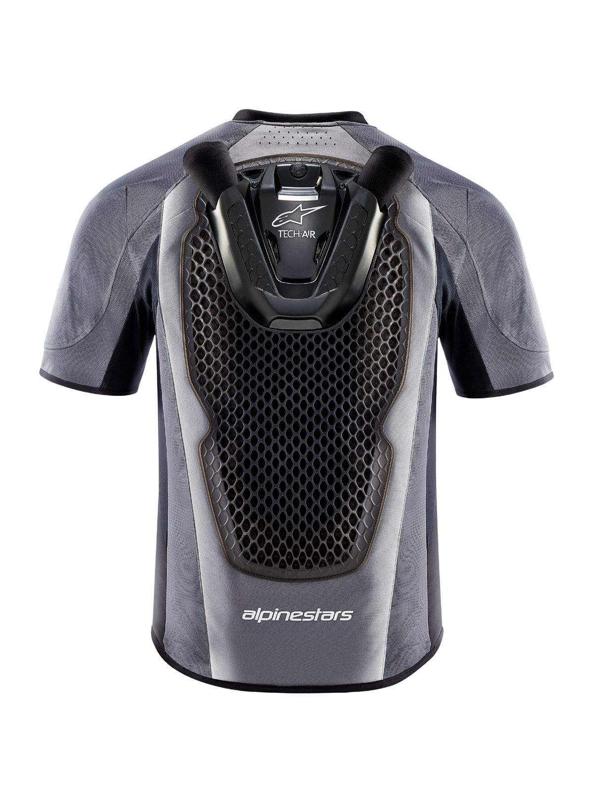 Colete de airbag Alpinestars Tech-Air 5, vista traseira cinzenta e preta com protetor de costas em favo de mel integrado.