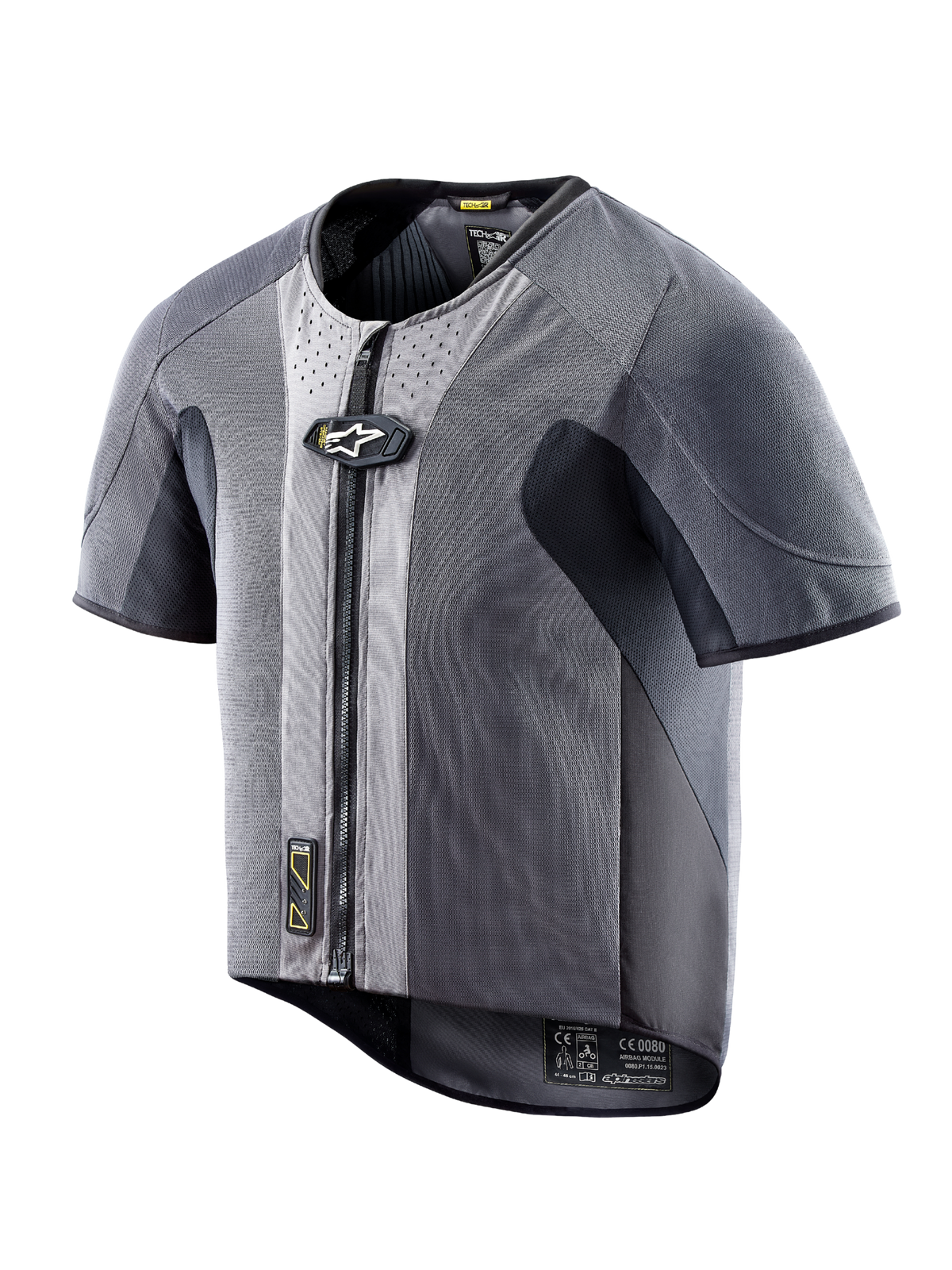 Alpinestars Tech-Air 5, colete airbag em malha cinzenta escura com manga curta e fecho frontal para proteção em estrada.