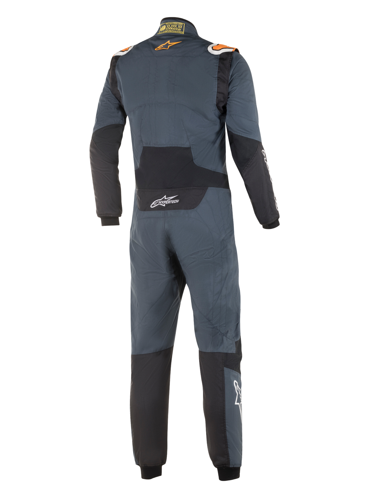 Fato Alpinestars Hypertech, fato de automobilismo profissional, cinzento asfalto e laranja fluo, vista traseira, com painéis elásticos pretos na zona lombar e cotovelos, logótipos Alpinestars laranja nos ombros e marca Hypertech branca, design aerodinâmico certificado pela FIA
