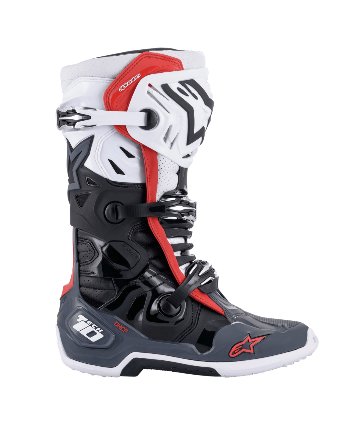 Botas Alpinestars Tech 10 Supervented, botas de motocross, pretas, brancas, cinzento médio e vermelhas, com sistema de fecho de fivela tripla, estrutura em TPU ventilada e sola de design durável com logótipo Alpinestars para performance em todo-o-terreno.