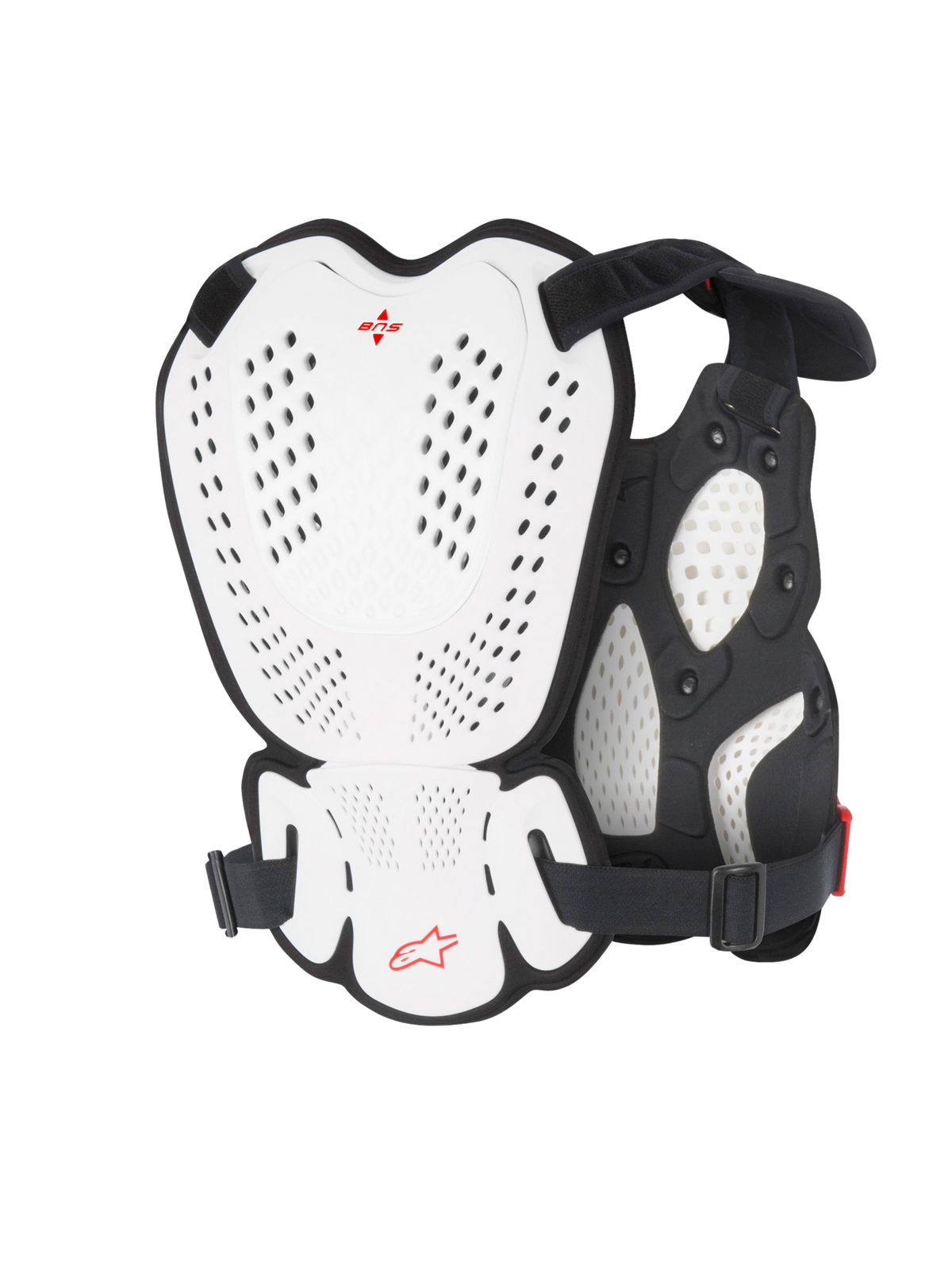 Alpinestars A-1 Roost Guard, protetor de peito e costas para motocross, branco e preto com logótipo Alpinestars vermelho, placas de estrutura rígida perfuradas, acolchoamento em bio-espuma, vista traseira mostrando a cobertura de proteção para motocross e condução todo-o-terreno