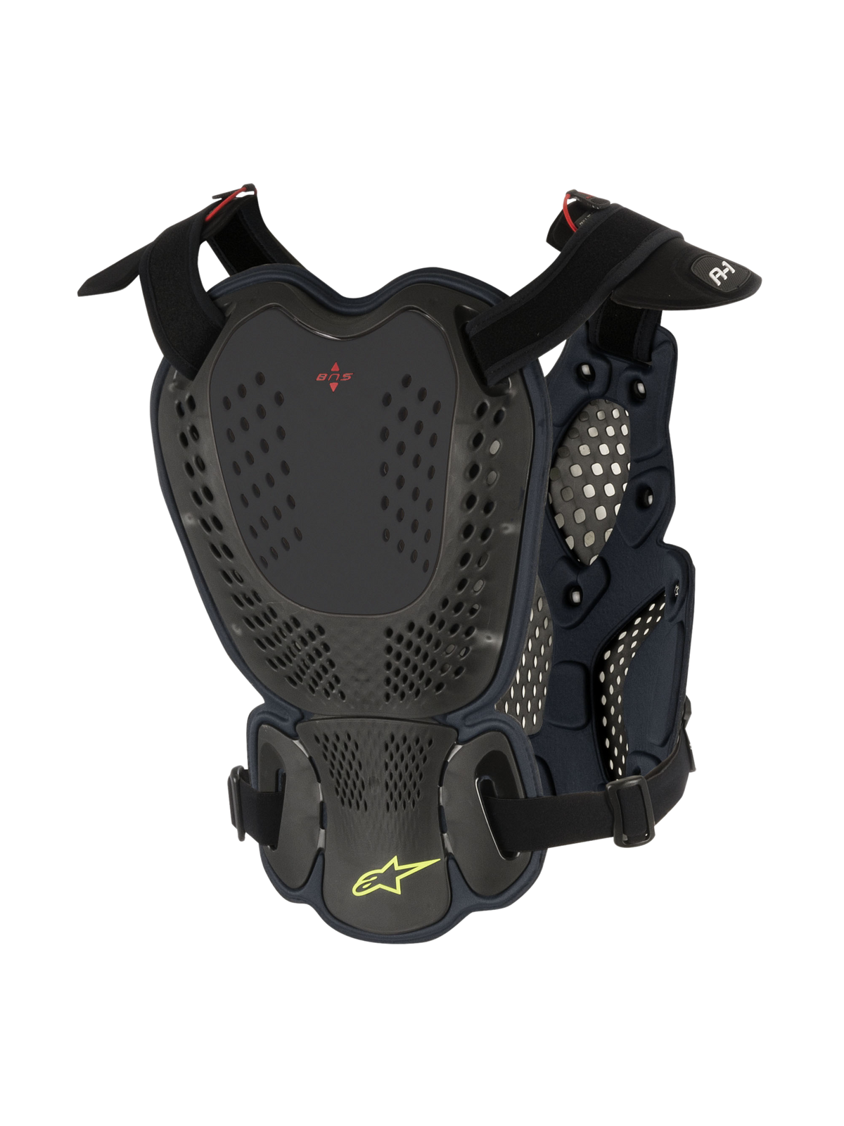 Alpinestars A-1 Roost Guard, protetor de peito e costas de motocross, preto antracite, vista traseira com placas rígidas perfuradas, logótipo BNS vermelho e logótipo da estrela Alpinestars em verde lima com alças ajustáveis para proteção todo-o-terreno