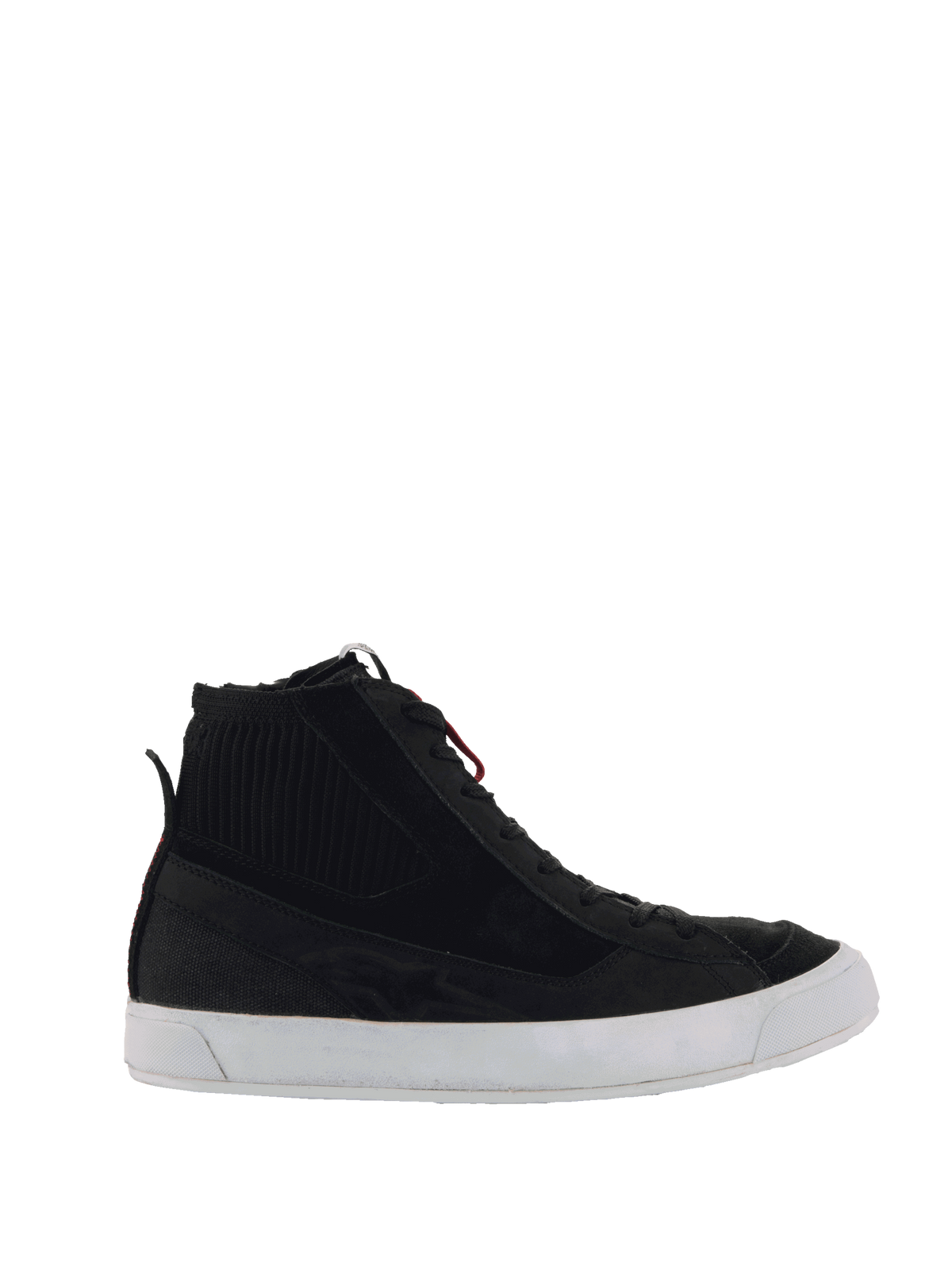 Alpinestars Stated Shoes, sapatilhas de moto urbanas pretas com colarinho do tornozelo em malha e sola vulcanizada branca.