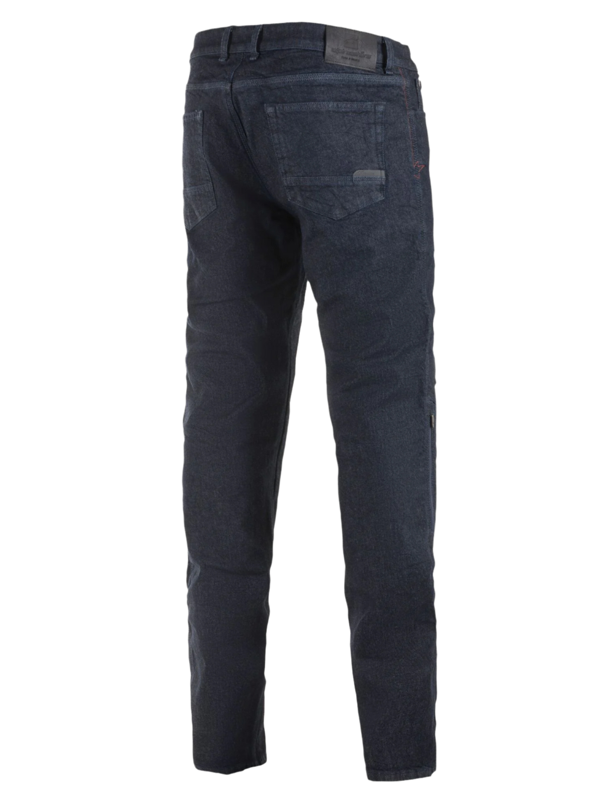 Alpinestars Copper Out V2 Riding Denim, calças de motociclismo, Rinse Plus Blue, vista traseira mostrando o corte reto regular, patch em pele na cintura, ganga de lavagem escura para condução urbana