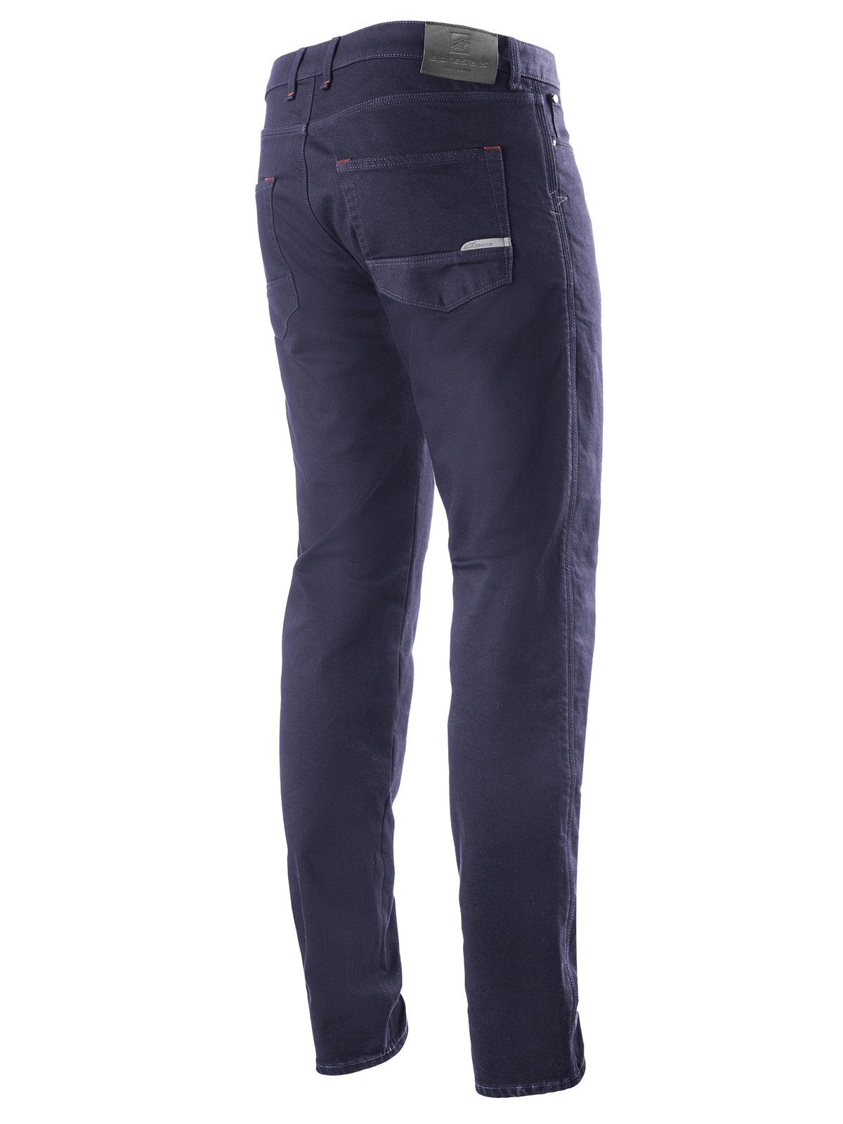 Alpinestars Copper V2 Denim Pants Short Length, Rinse Blue, vista traseira em três quartos mostrando os bolsos traseiros e o emblema em pele na cintura, calças de ganga para motociclismo urbano com um visual clássico de ganga