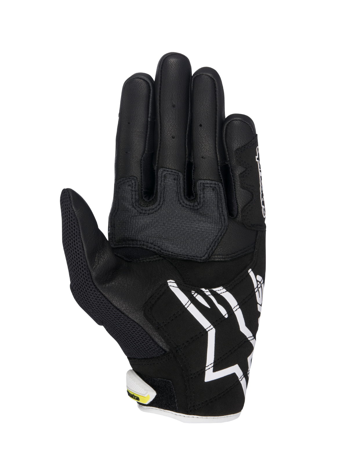 Luvas Alpinestars SMX-2 Air Carbon V2, luvas de motociclismo, pretas e brancas com detalhes em amarelo fluorescente, vista da palma mostrando a construção em pele e malha 3D, painéis de aderência reforçados, logótipo Alpinestars branco no punho