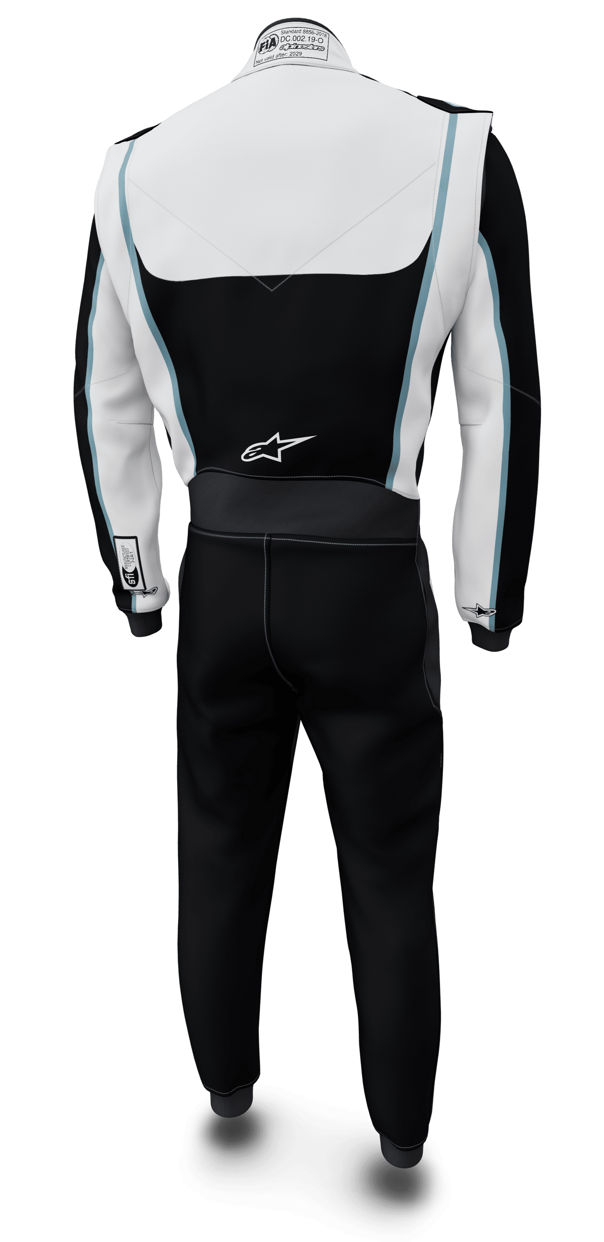 Alpinestars macacão personalizado por medida Tech Vision V3, fato de corrida, preto e branco, Nomex, certificado FIA e SFI, vista traseira.