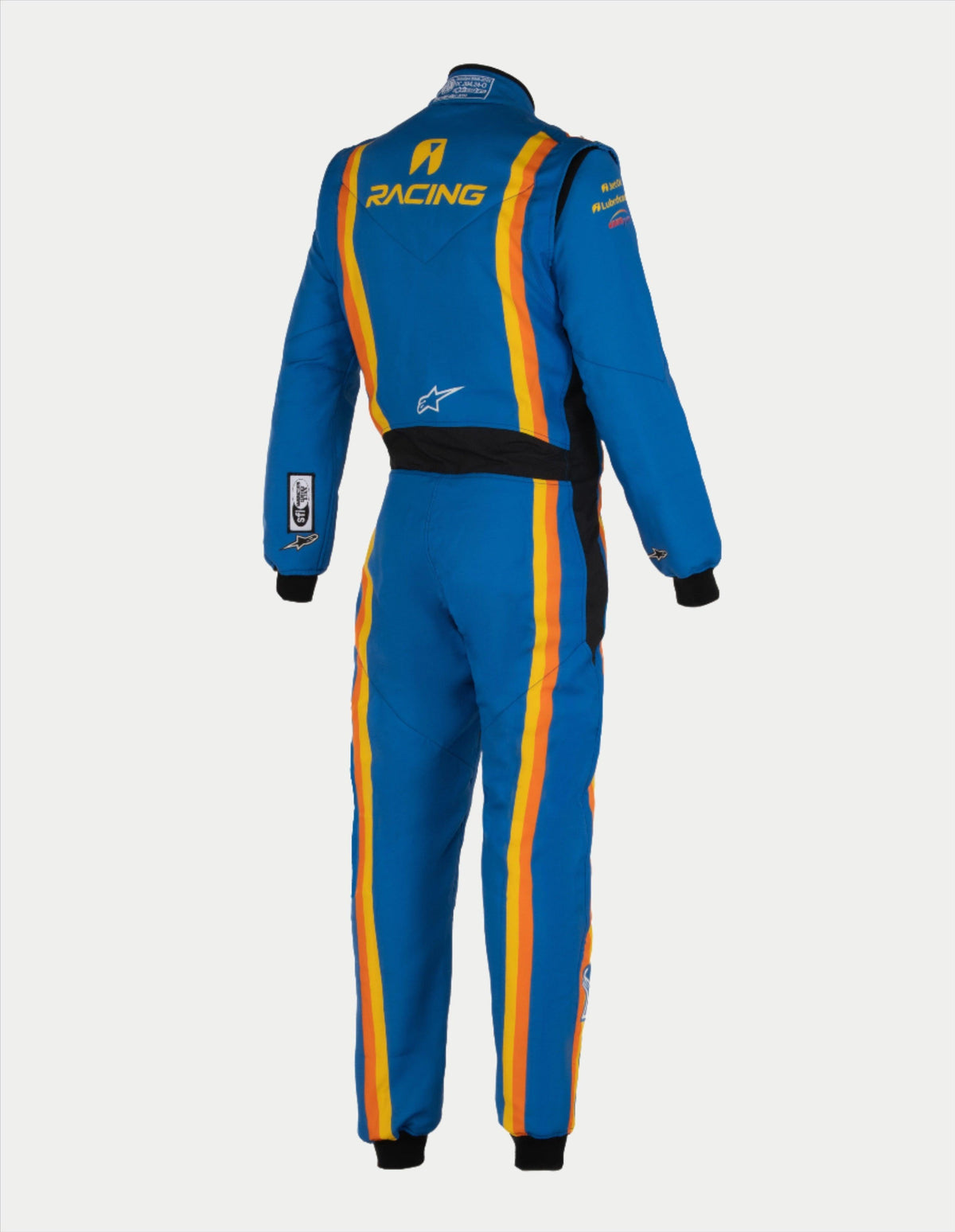 Alpinestars Tech Vision V3, macacão personalizado por medida para automobilismo, azul e laranja, em Nomex certificado FIA, vista traseira.