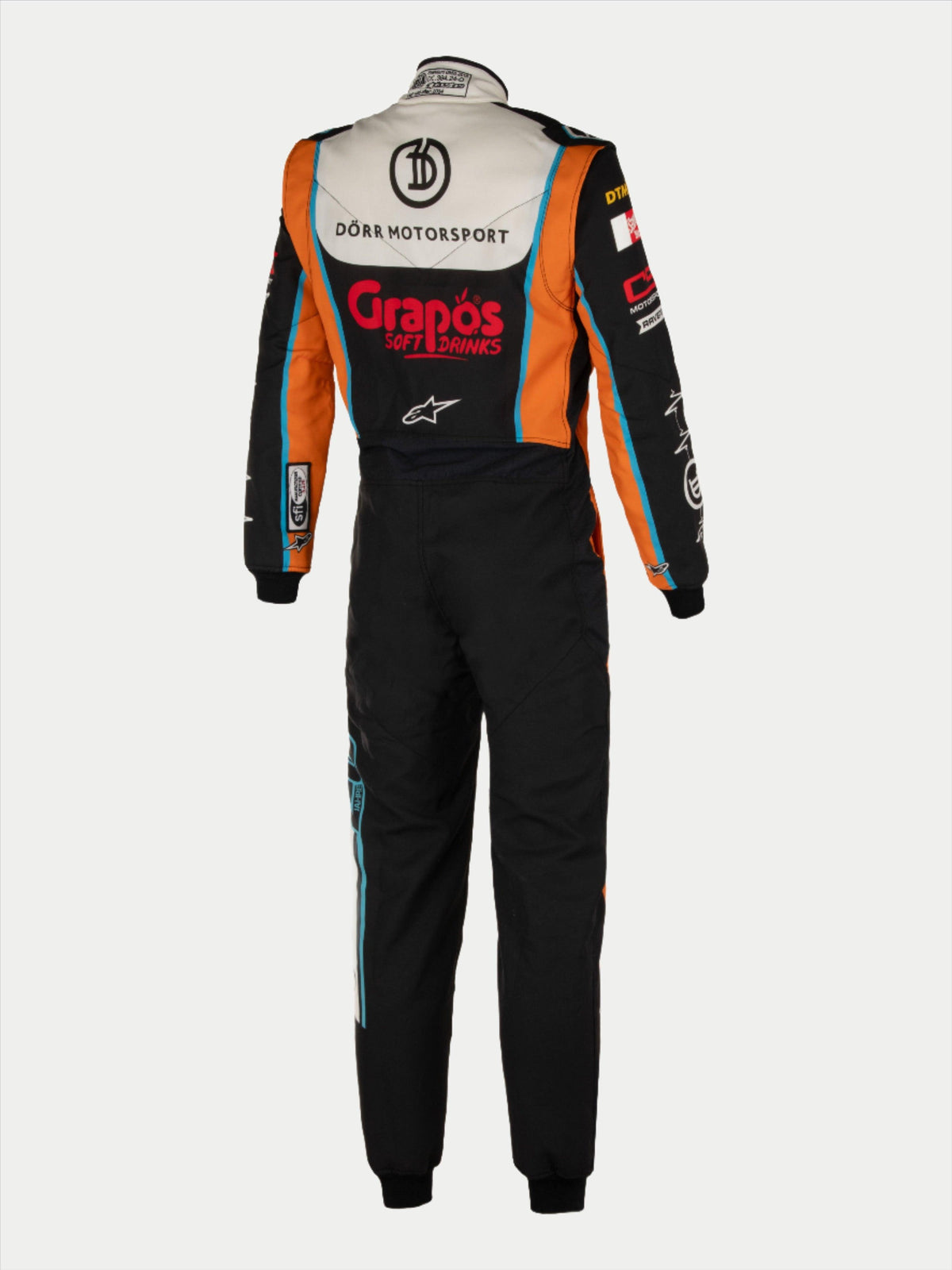 Alpinestars Tech Vision V3, macacão personalizado de corrida, preto e laranja, vista traseira, Nomex certificado FIA.
