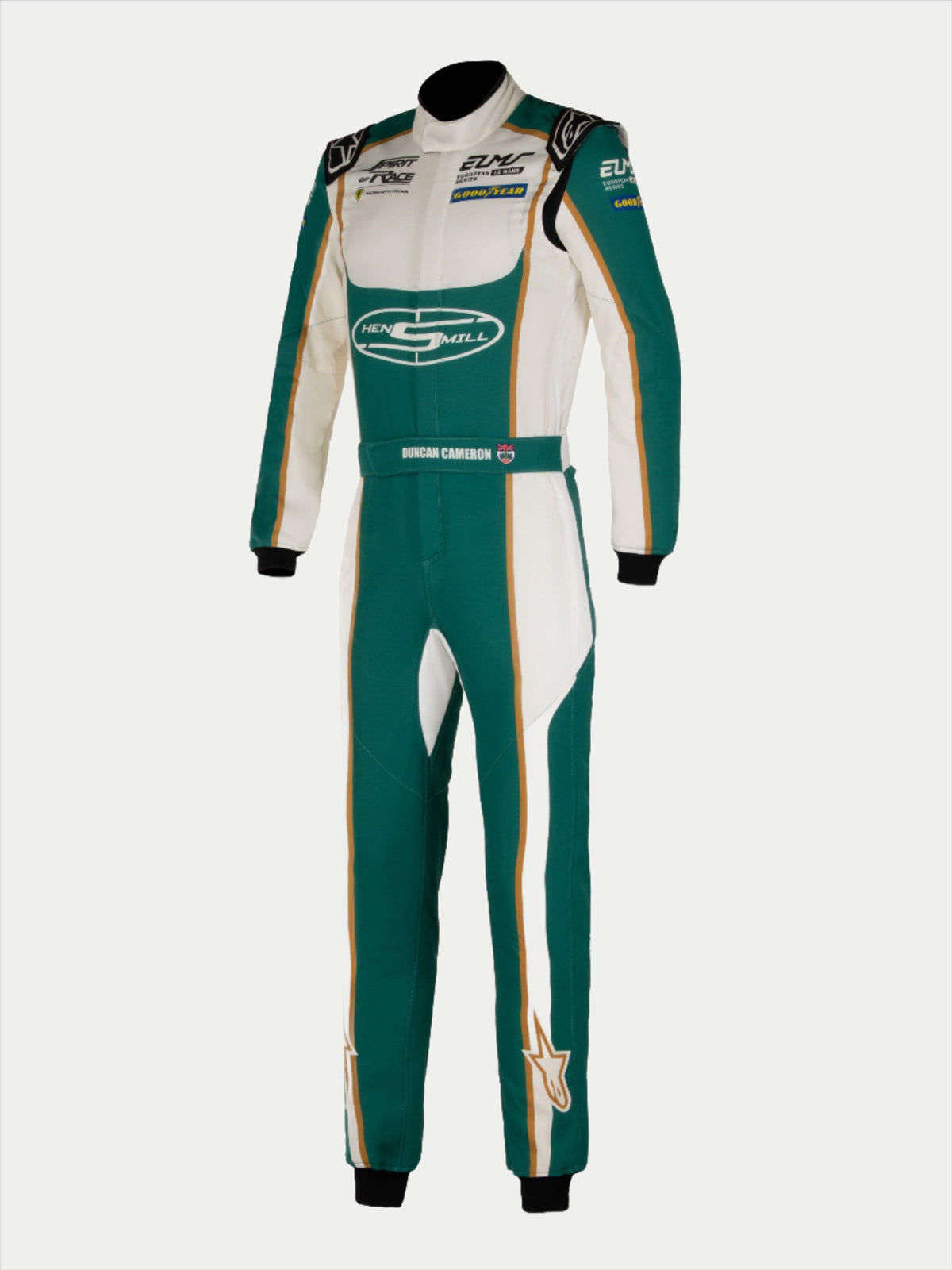 Alpinestars Tech Vision V3 Personalizado, macacão de automobilismo verde e branco com detalhes dourados, certificado pela FIA, em Nomex.