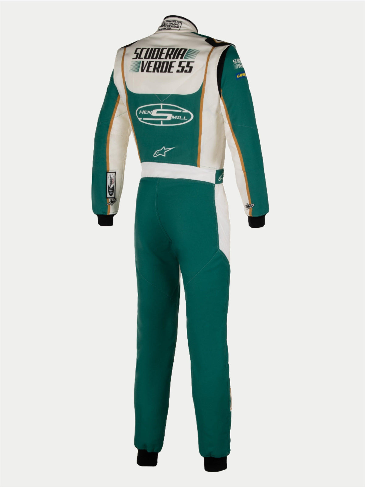 Alpinestars macacão Tech Vision V3 personalizado por medida, fato de corrida profissional, verde e branco com detalhes dourados, vista traseira, certificado FIA e SFI.