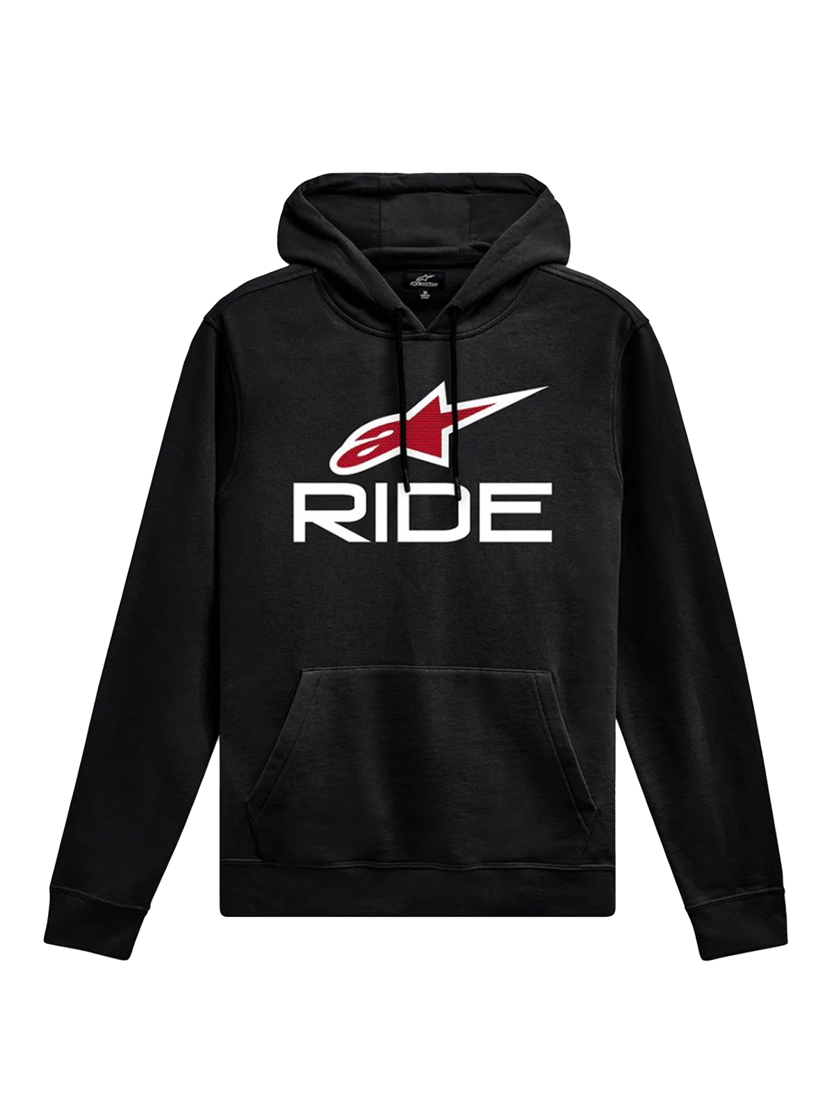 Alpinestars Ride Hoodie V 3, vestuário desportivo casual, preto com texto "RIDE" branco e logótipo vermelho em forma de estrela, bolso frontal tipo canguru, capuz com cordões, punhos e bainha canelados, design inspirado no desporto motorizado