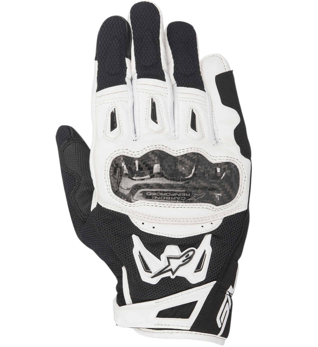 Alpinestars SMX-2 Air Carbon V2 Gloves, motorcycle gloves, Black and White, featuring a carbon fiber reinforced knuckle guard, technical 3D mesh panels for ventilation, leather and textile shell, short-cuff design with white Alpinestars logo