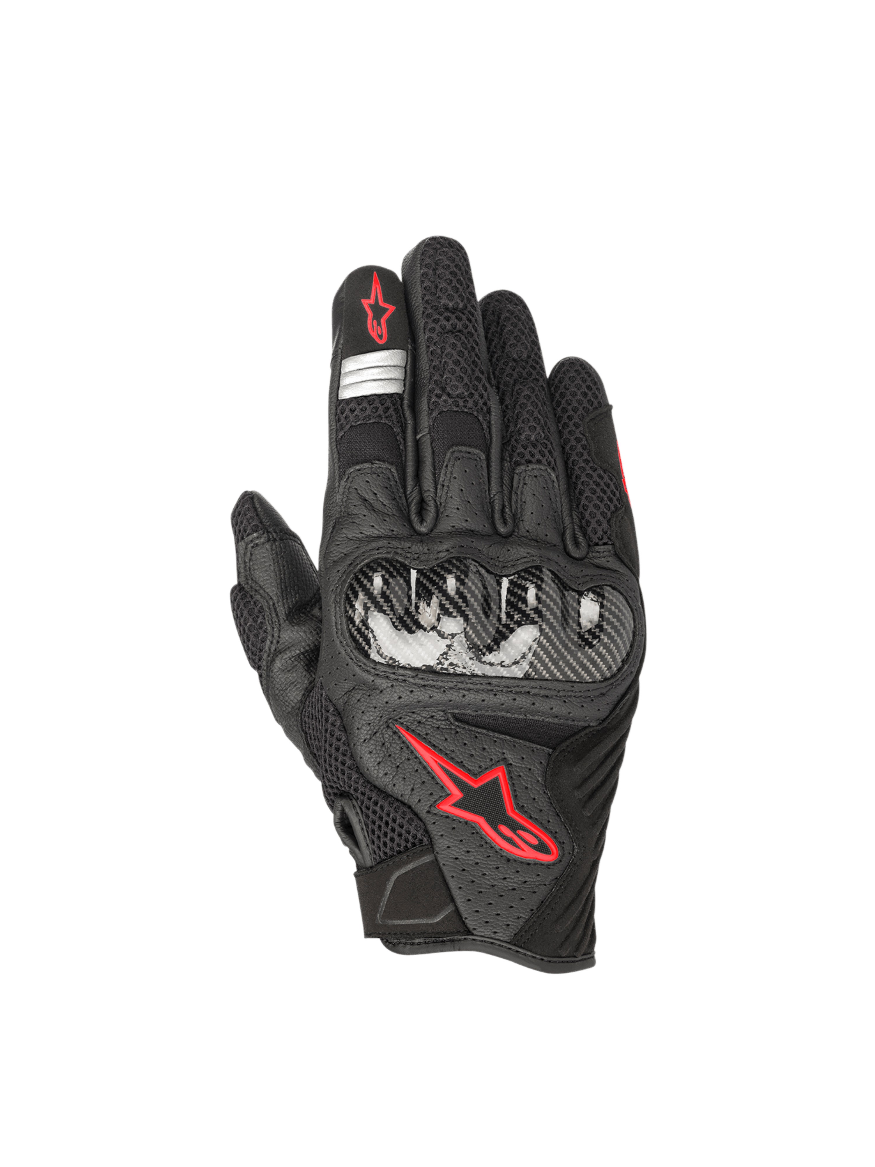 Alpinestars Luvas SMX-1 Air V2, luvas de moto pretas e vermelho fluo, em couro e malha com proteção rígida e certificação CE.