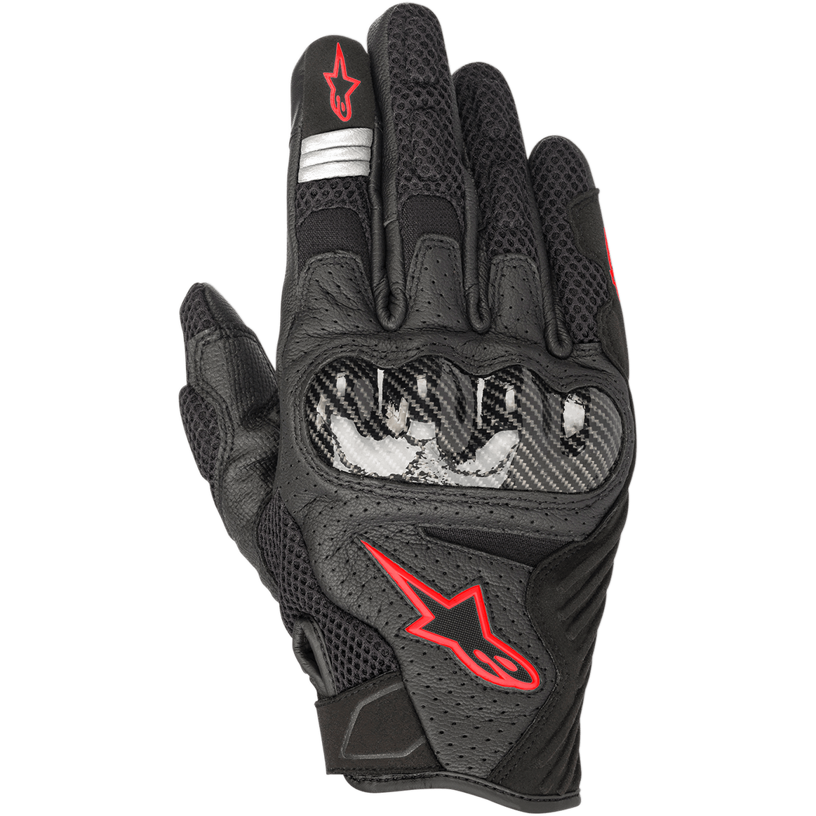 Luvas Alpinestars SMX-1 Air V2, luvas de motociclismo de estrada, preto e vermelho fluorescente, com protetor de nós dos dedos rígido em estilo fibra de carbono, logótipo da estrela Alpinestars vermelho, faixas refletoras prateadas e pele perfurada com painéis de malha respirável