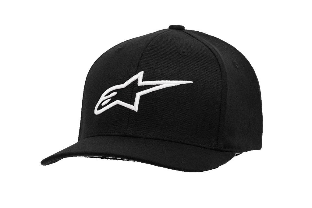 Alpinestars Ageless Curve Hat, boné de basebol preto com logótipo de estrela branco bordado em 3D, pala curva, coroa estruturada, tecido de sarja, vestuário desportivo casual de motorsport