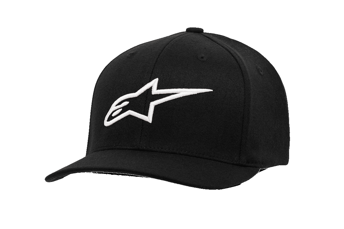 Alpinestars Ageless Curve Hat, boné de basebol preto com logótipo de estrela branco bordado em 3D, pala curva, coroa estruturada, tecido de sarja, vestuário desportivo casual de motorsport