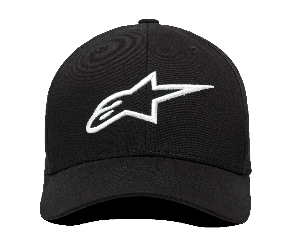 Alpinestars Ageless Curve Hat, boné de basebol em tecido de sarja preta, vista frontal, logótipo Alpinestars branco bordado em 3D, pala curva, estilo casual sportswear
