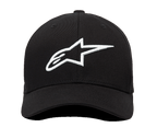 Alpinestars Ageless Curve Hat, boné de basebol em tecido de sarja preta, vista frontal, logótipo Alpinestars branco bordado em 3D, pala curva, estilo casual sportswear