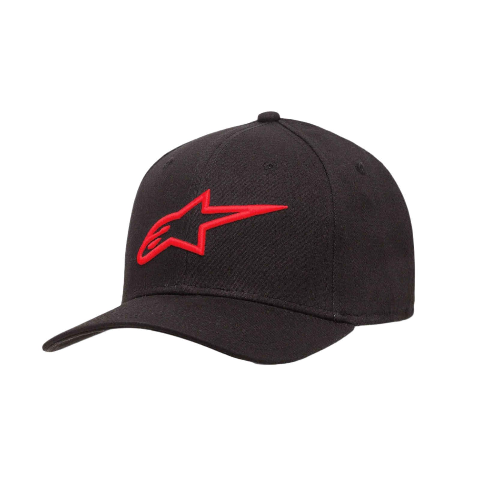 Alpinestars Ageless Curve Hat, boné de basebol preto com logótipo bordado em 3D vermelho, pala curva, tecido de sarja, acessório de cabeça casual desportivo