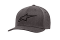 Alpinestars Ageless Curve Hat, boné de basebol cinzento mesclado com logótipo preto bordado em 3D, pala curva, tecido de sarja estruturado com ilhós de ventilação, acessório casual de desportos motorizados