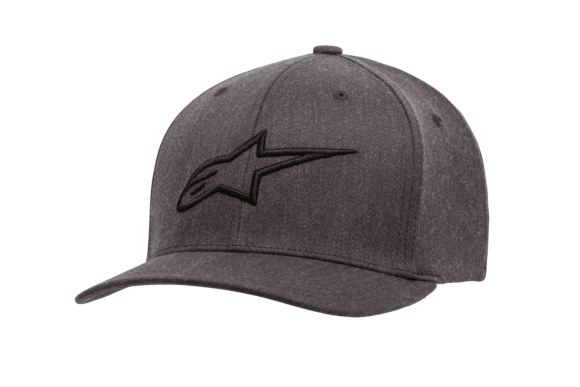 Alpinestars Ageless Curve Hat, boné de basebol cinzento mesclado com logótipo preto bordado em 3D, pala curva, tecido de sarja estruturado com ilhós de ventilação, acessório casual de desportos motorizados