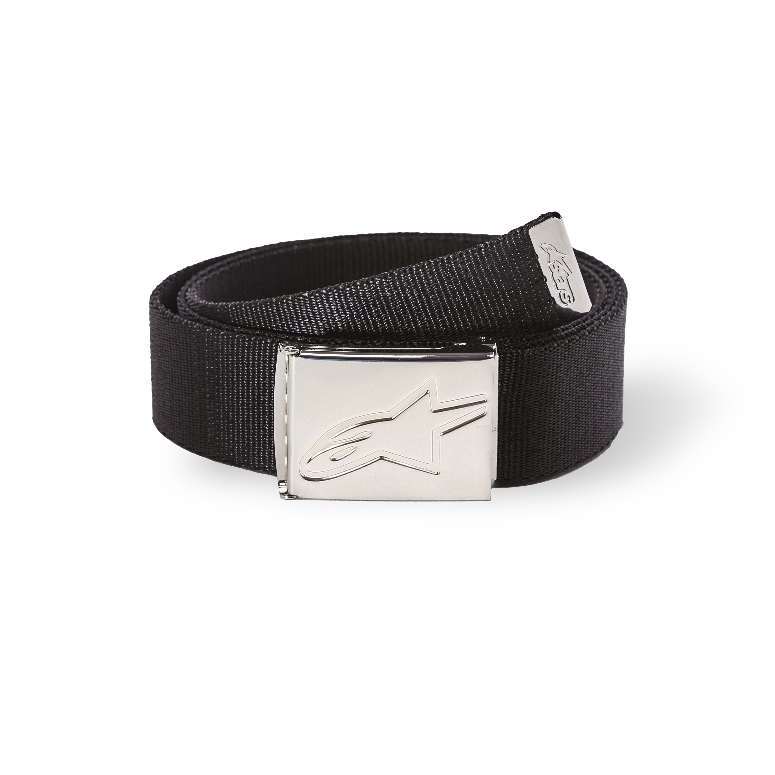 Alpinestars Ageless Web Belt, cinto em tecido preto com fivela metálica em prateado cromado, logótipo de estrela em baixo-relevo, correia de lona texturizada e ponteira metálica com marca, acessório de moda desportiva casual