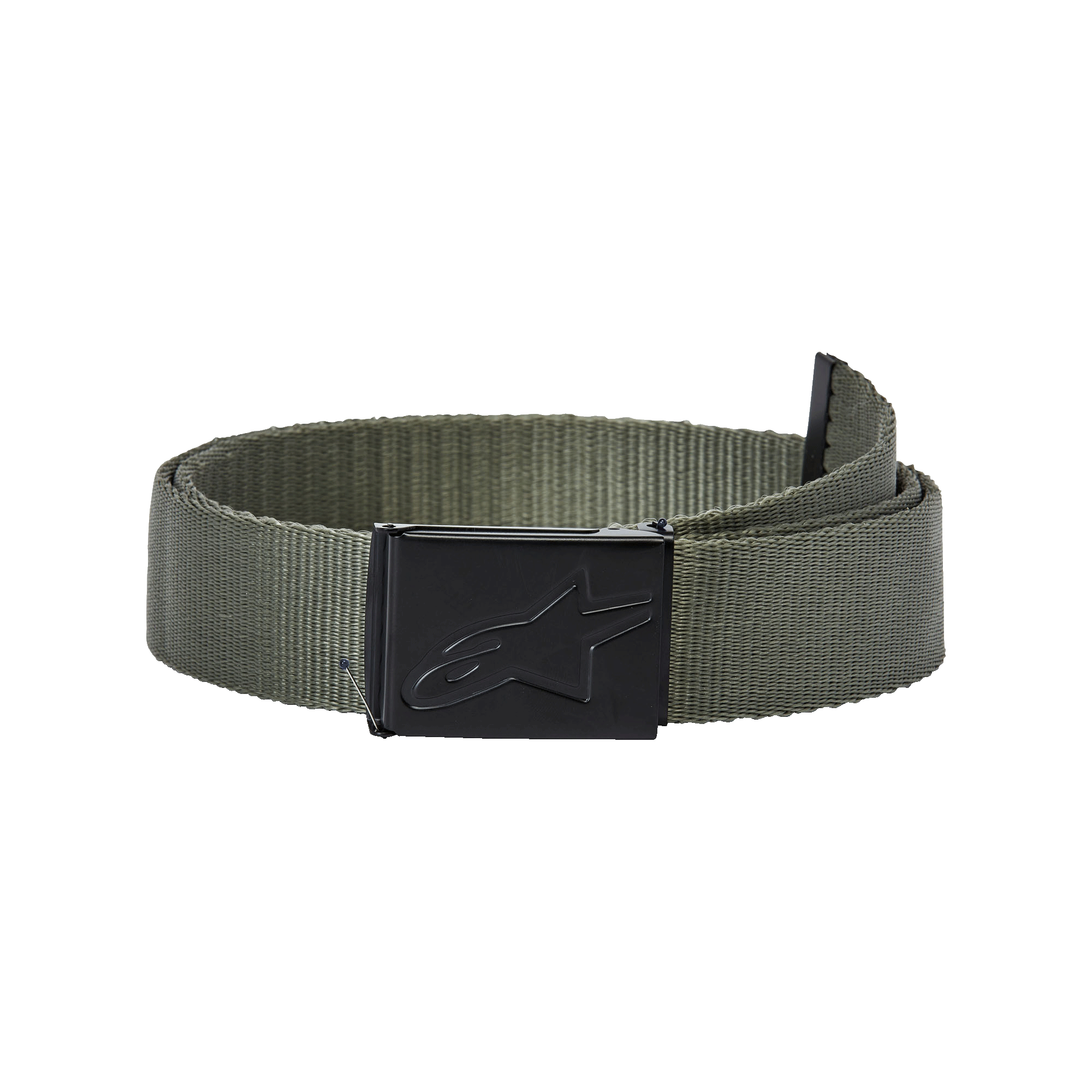 Alpinestars Ageless Web Belt, verde militar e preto, com uma tira de polipropileno tecida e uma fivela de metal preta com logótipo de estrela em baixo relevo, acessório de moda desportiva casual