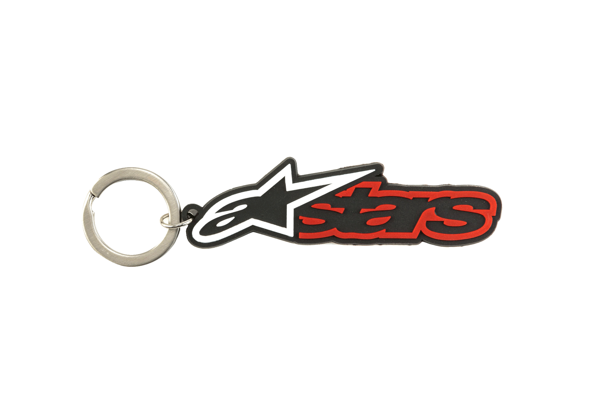 Alpinestars Blaze Key Fob, 3D rubber keychain in Black and Red, featuring the white and black star logo and red outlined text, durable metal snap ring, motorsport-inspired accessory