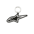 Alpinestars Ageless Key Fob, porta-chaves em borracha 3D, design do logótipo Blaze em preto e branco, anel de pressão em metal prateado, acessório inspirado em desportos motorizados