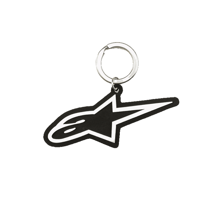 Alpinestars Ageless Key Fob, porta-chaves em borracha 3D, design do logótipo Blaze em preto e branco, anel de pressão em metal prateado, acessório inspirado em desportos motorizados