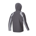 Alpinestars A-Dura Rain Jacket, Mountain Bike Rain Jacket, Dark Titanium and Gray, rear view with hood up, featuring light gray curved panels on shoulders and sleeves, technical design for wet-weather cycling.